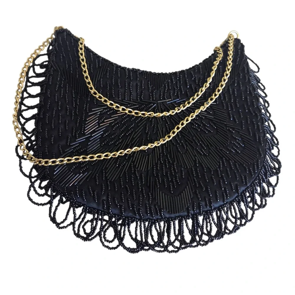 Black Beaded Vintage Purse Evening Bag Korea Double Chain Strap Lined‎ Tassels